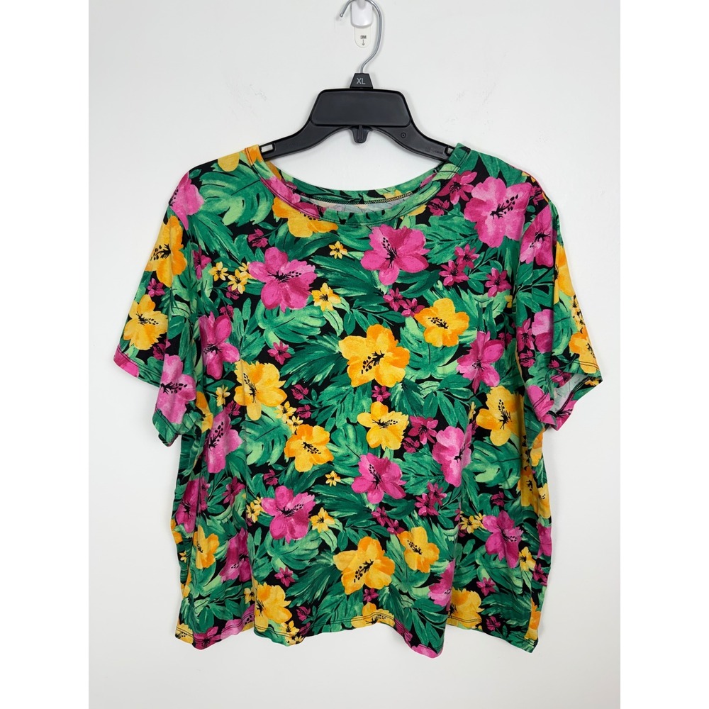 Old Navy Everywear Tropical Floral Hibiscus Print Cotton T-Shirt XXL Green Pink